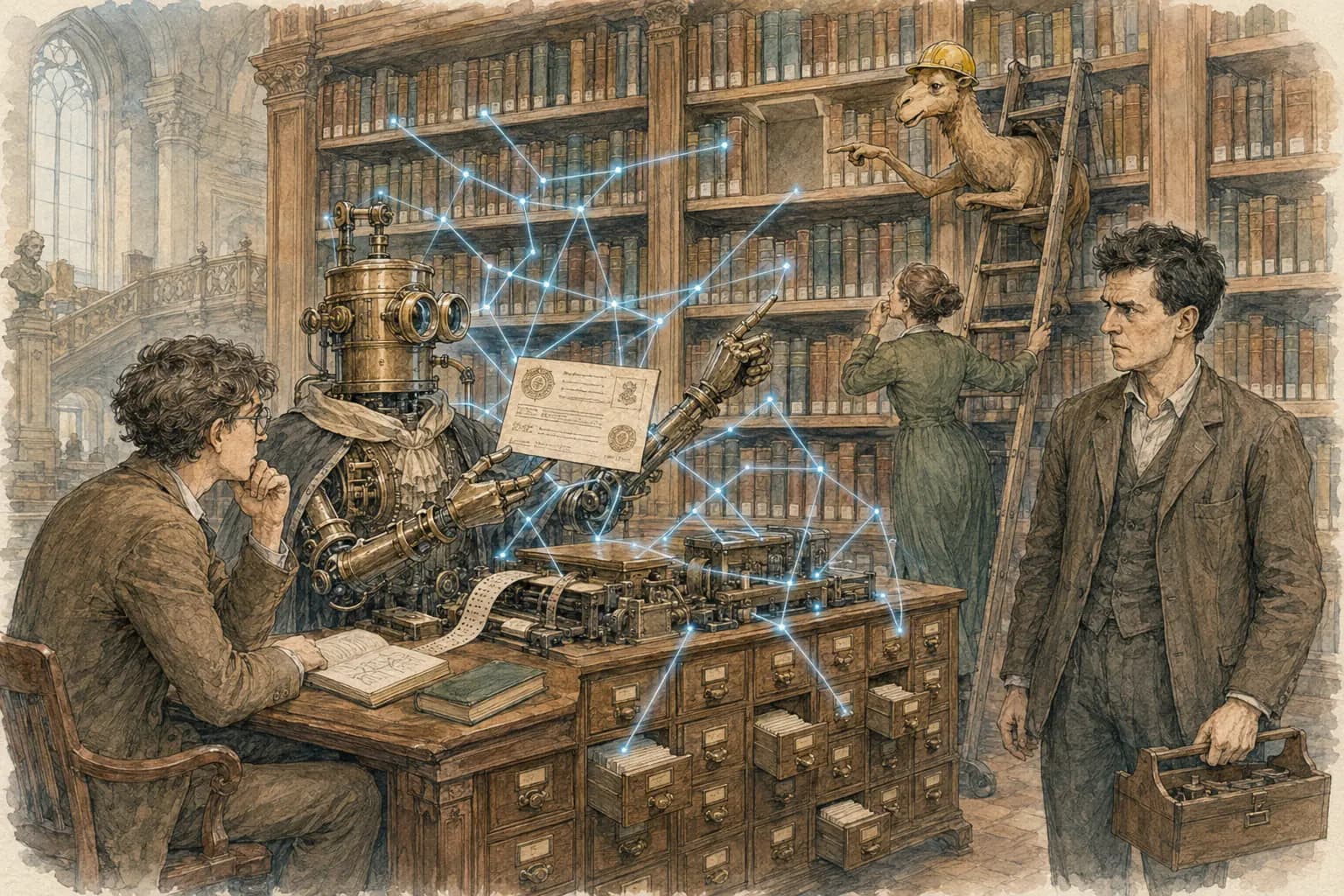 A mechanical librarian presents a convincing citation while a researcher points to the book's empty place on the shelf