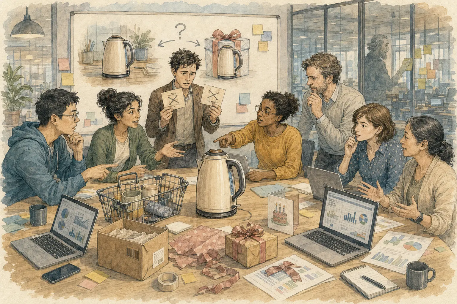 A modern applied-science team debates whether the same kettle is an ordinary purchase or a gift