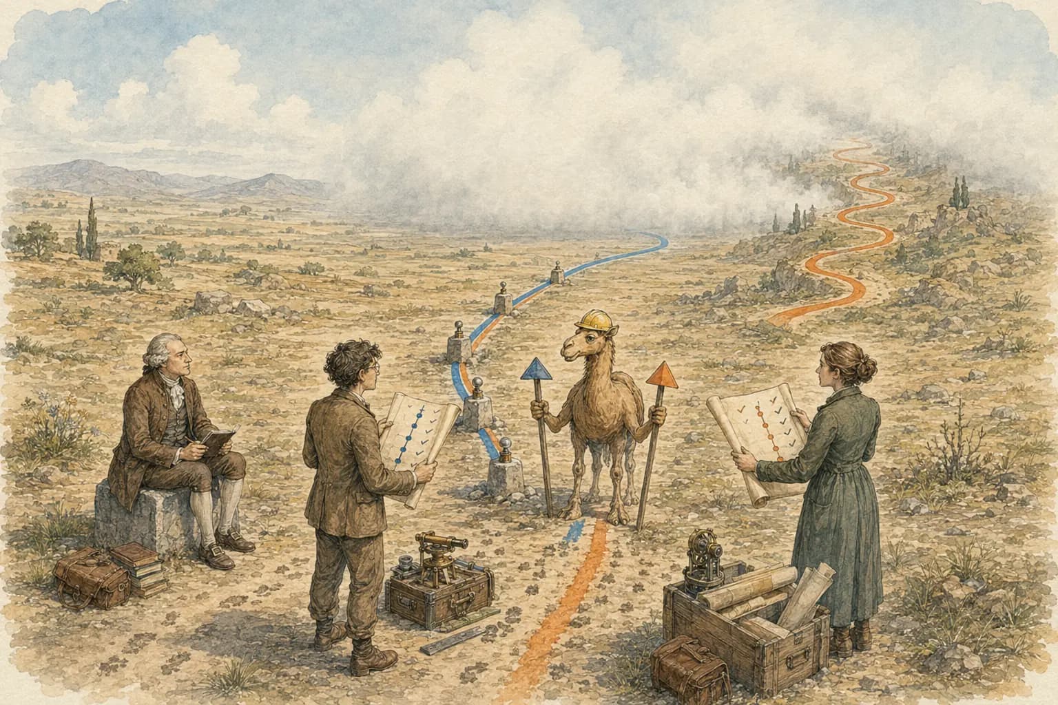 Six survey markers are followed by blue and orange paths that match across the past and separate in the fog