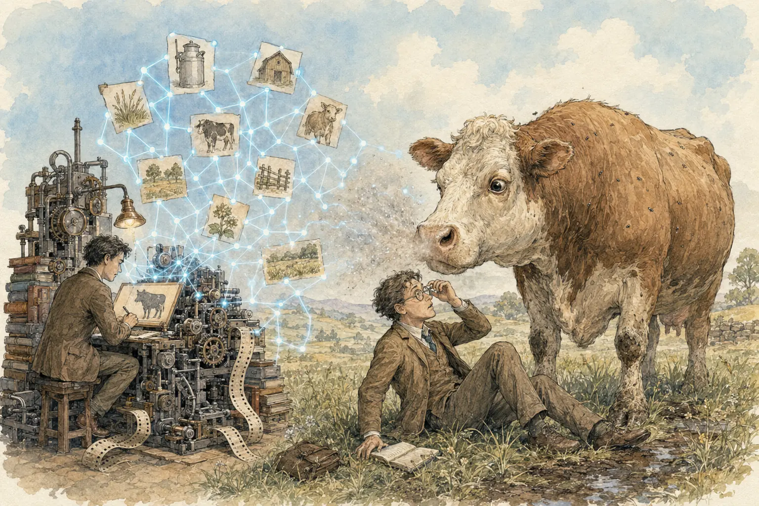 A machine constructs a network among images of cows, milk, grass, and barns beside an enormous living cow