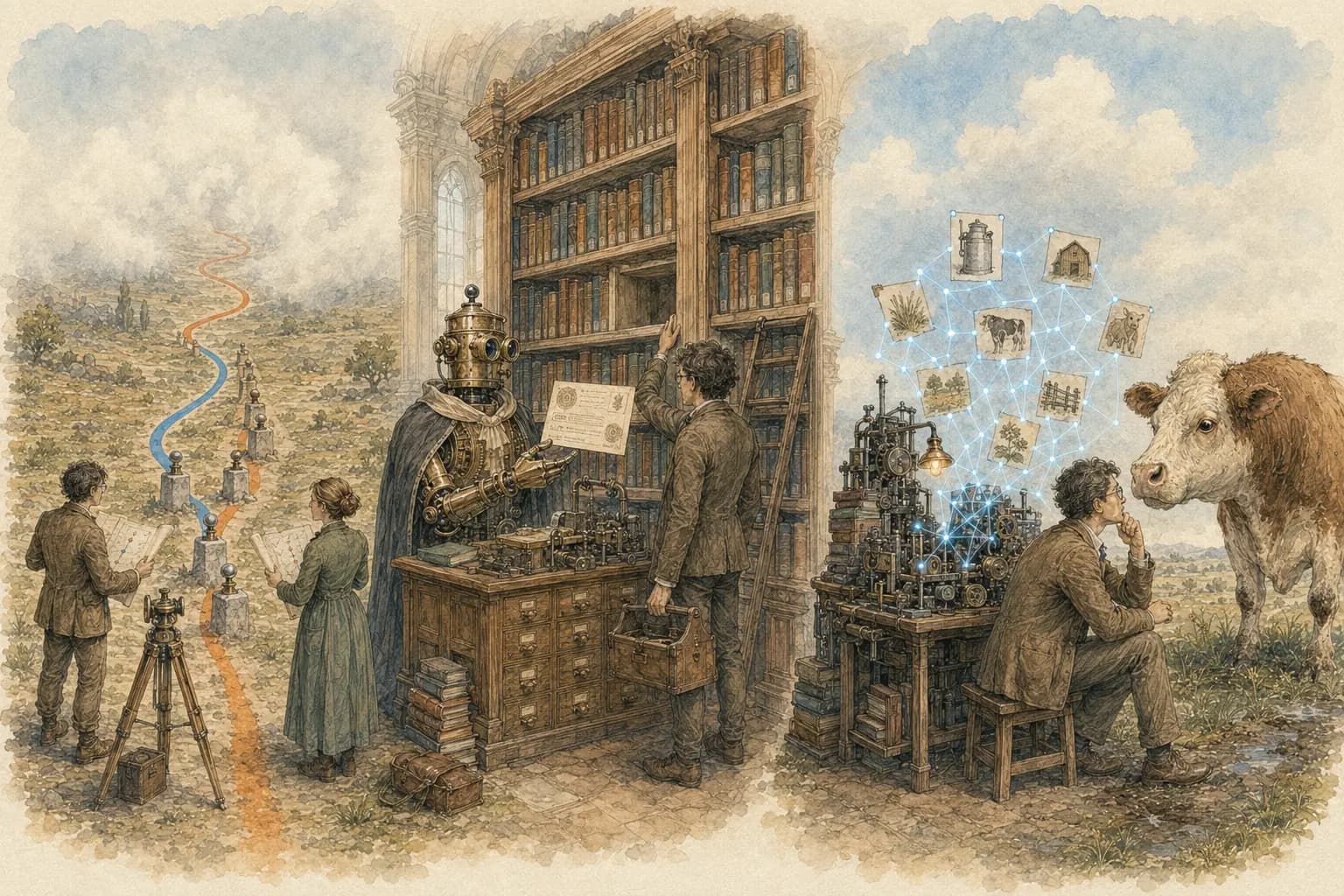 One scene joins the network of meaning and the cow, the citation before the empty shelf, and two roads leaving the same past